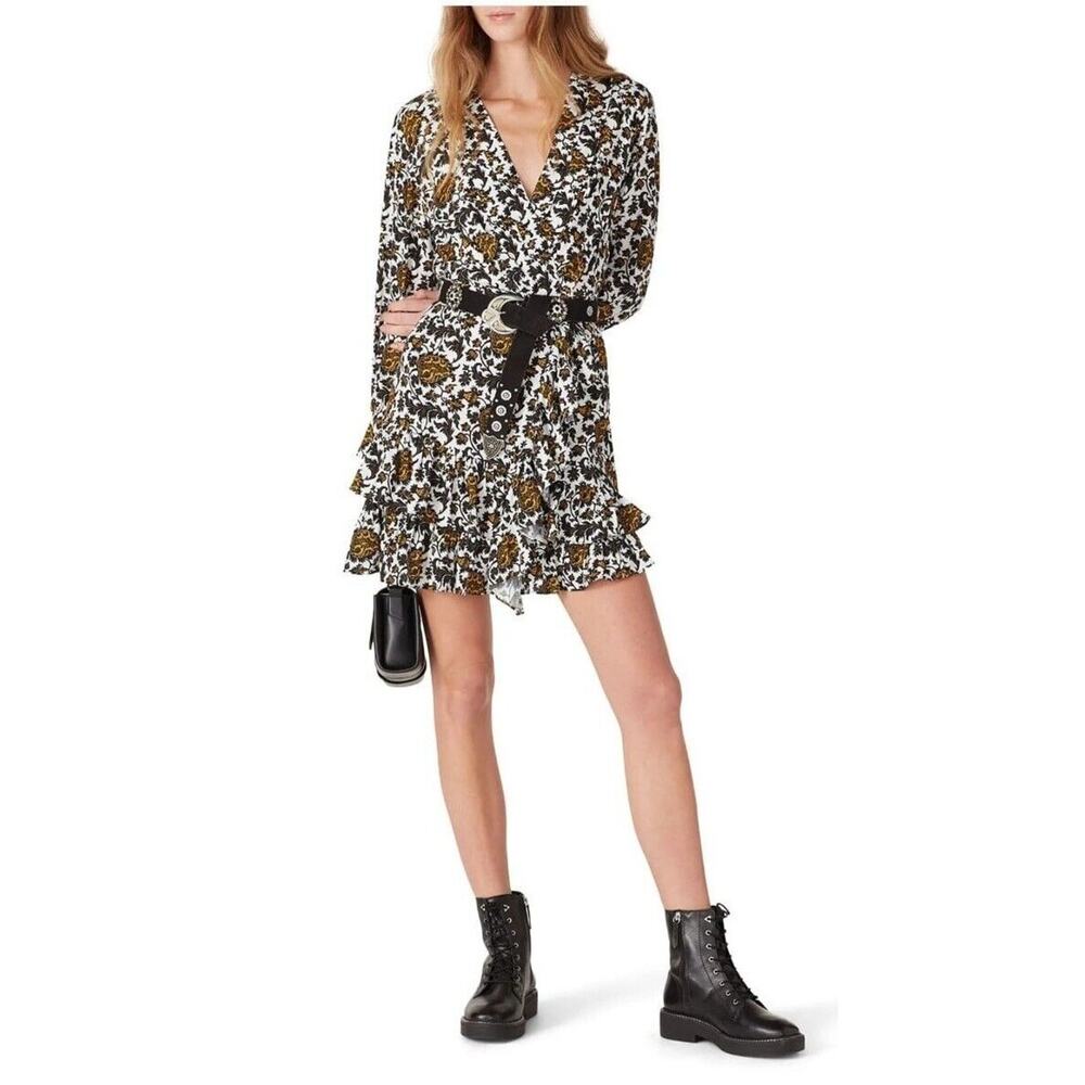 RTR sz small Sandro Dami black paisley floral pattern ruffle long sleeve dress v
